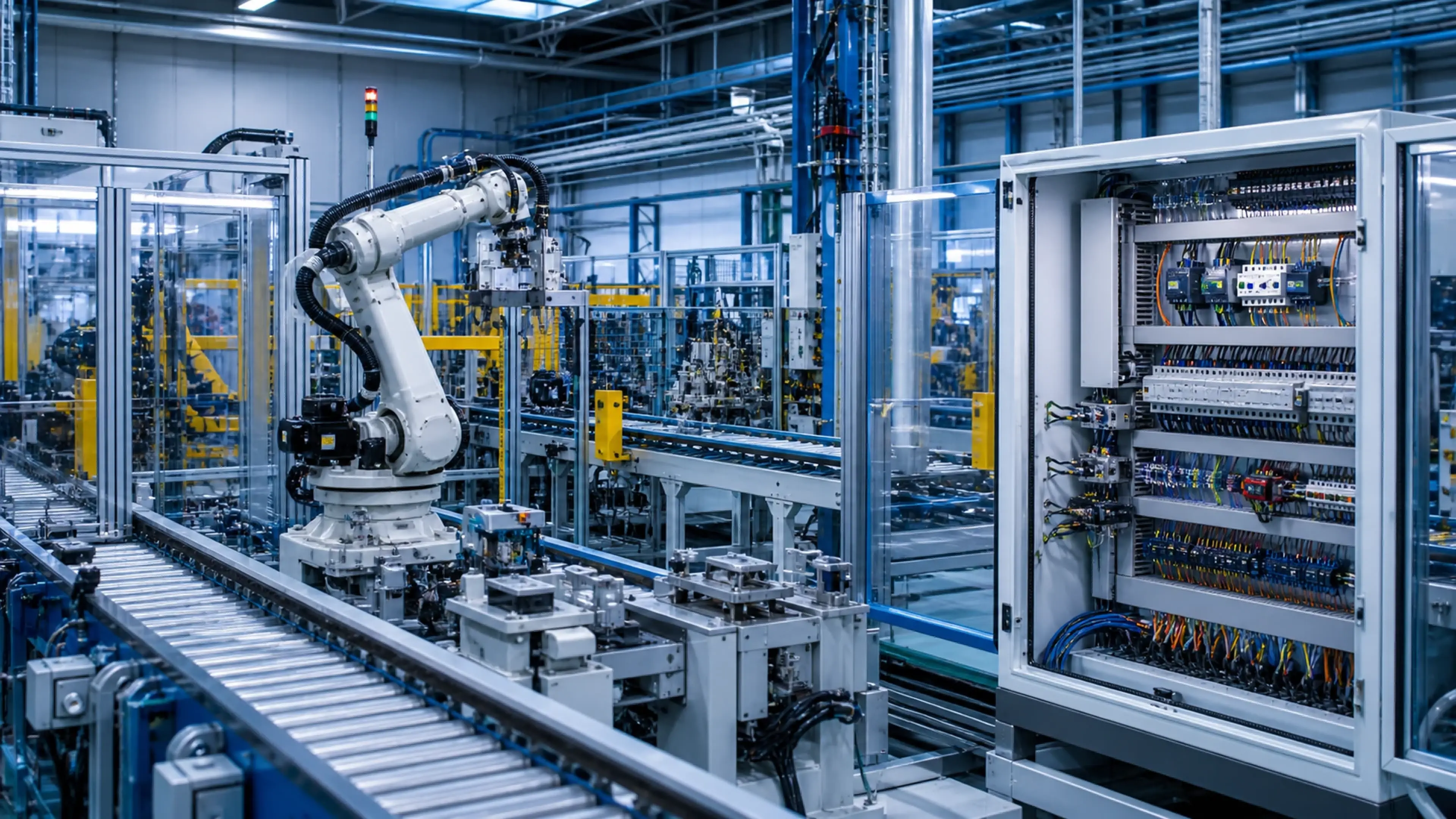 Automated robotic production line with conveyors, sensors, and safety systems