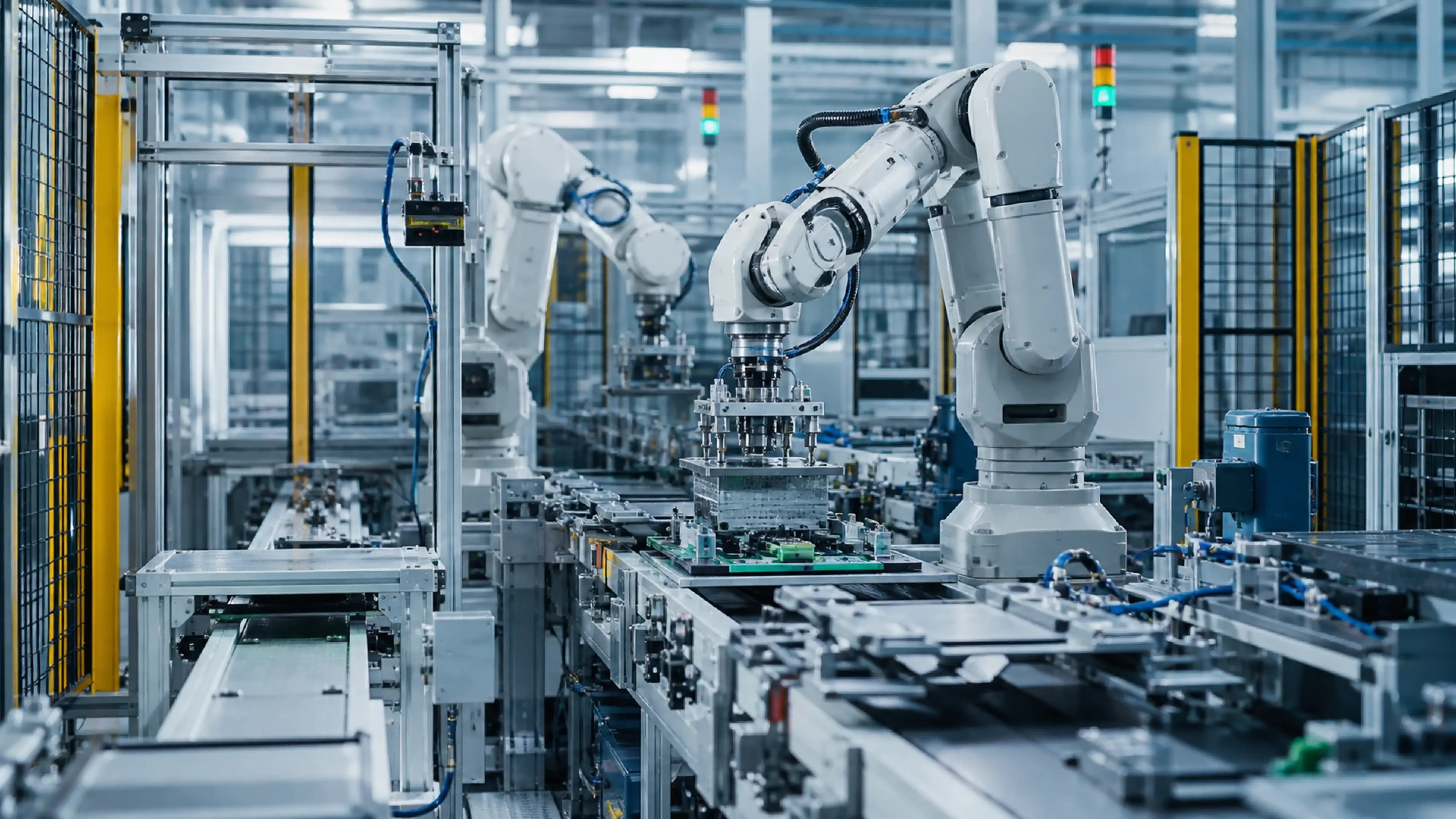 Automated robotic production line with conveyors, sensors, and safety systems