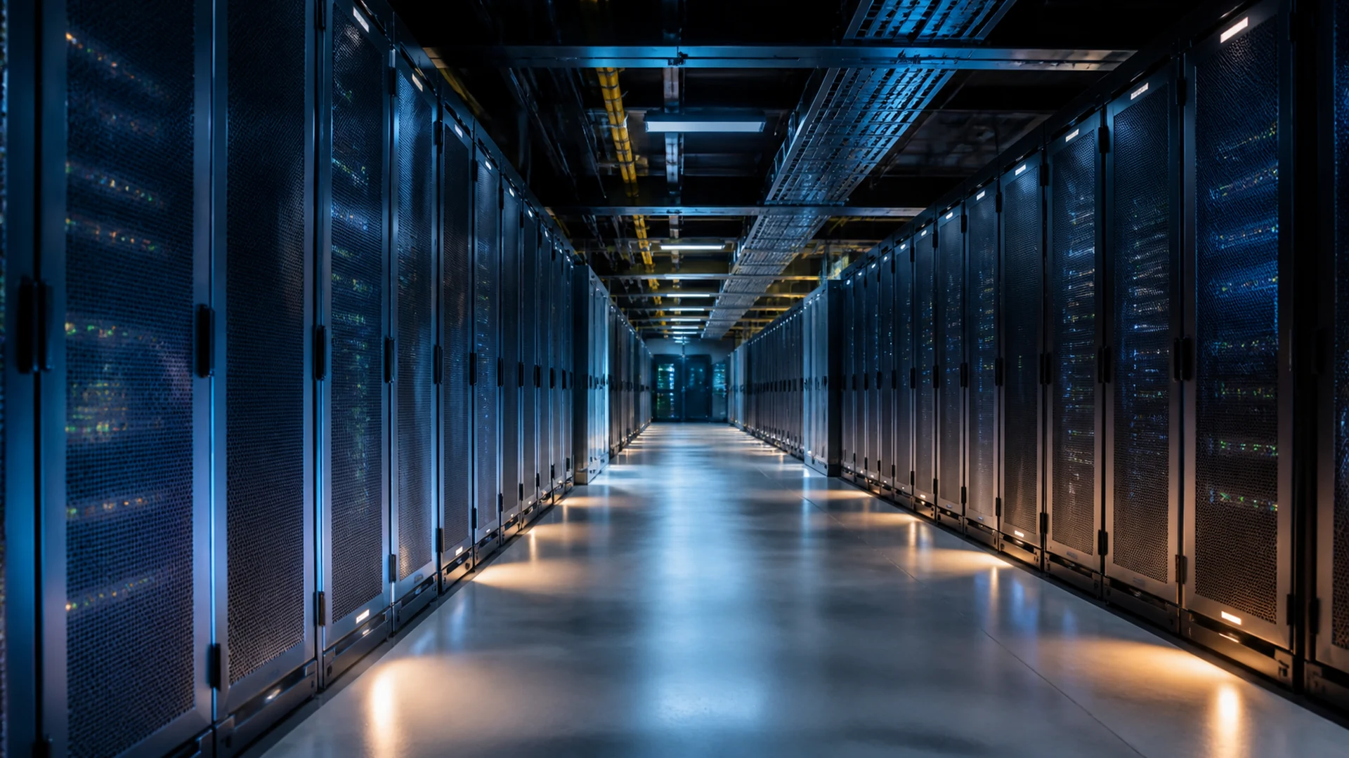 Modern enterprise data center aisle with organized server racks and network infrastructure