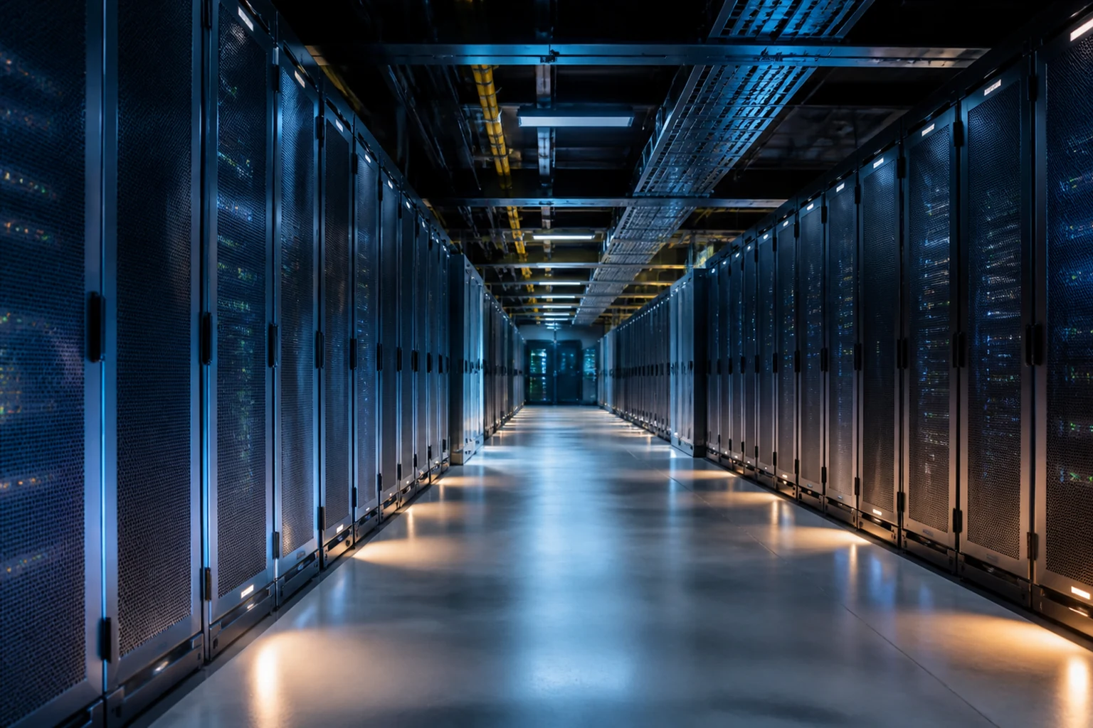Modern enterprise data center aisle with organized server racks and network infrastructure