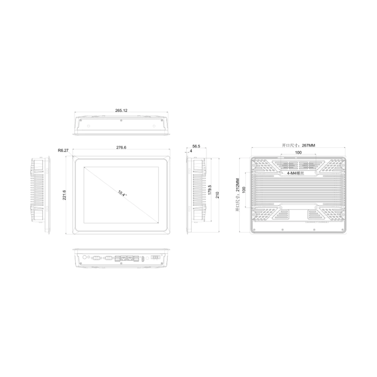 MCTPC-1004X dimensions and panel cutout (mm)