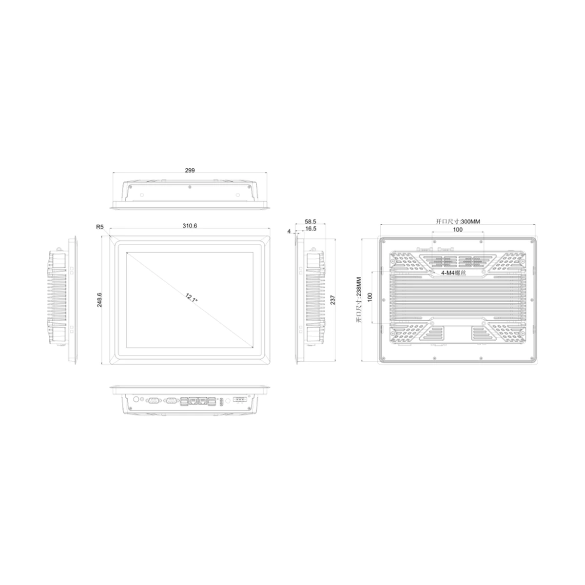 MCTPC-1201X dimensions and panel cutout (mm)