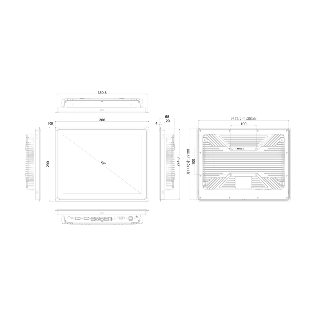 MCTPC-1501X dimensions and panel cutout (mm)