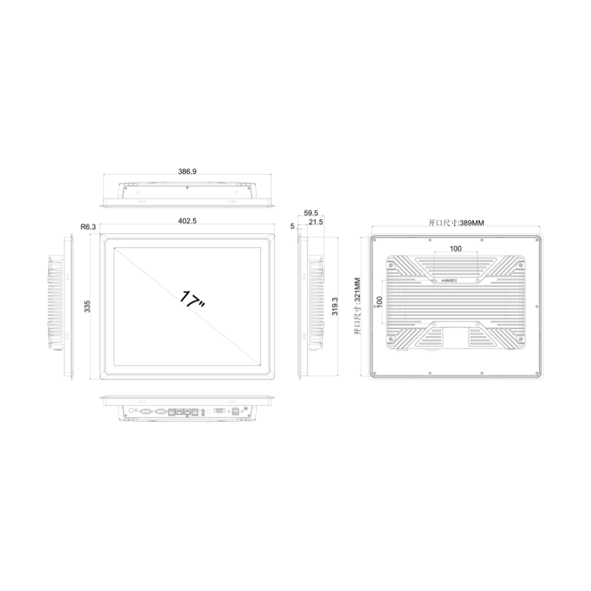 MCTPC-1701X dimensions and panel cutout (mm)