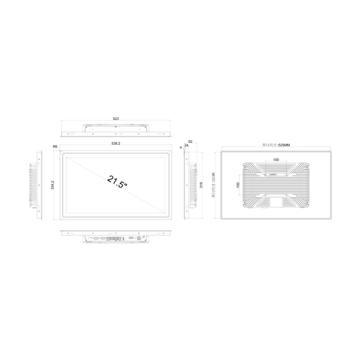 MCTPC-2105X dimensions and panel cutout (mm)
